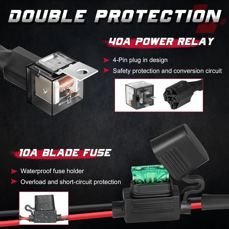 OFFROADTOWN 1 Lead LED Light Bar Wiring Harness Kit w/Motorcycle Handlebar Switch 7/8" 12V 40A Relay Fuse Nylon Wire Harness for ATV Dirt Bike Snowmobile Motorcycle Lights - Image 3